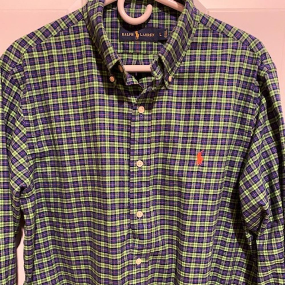 Ralph Lauren Green Blue Plaid long sleeve button down shirt